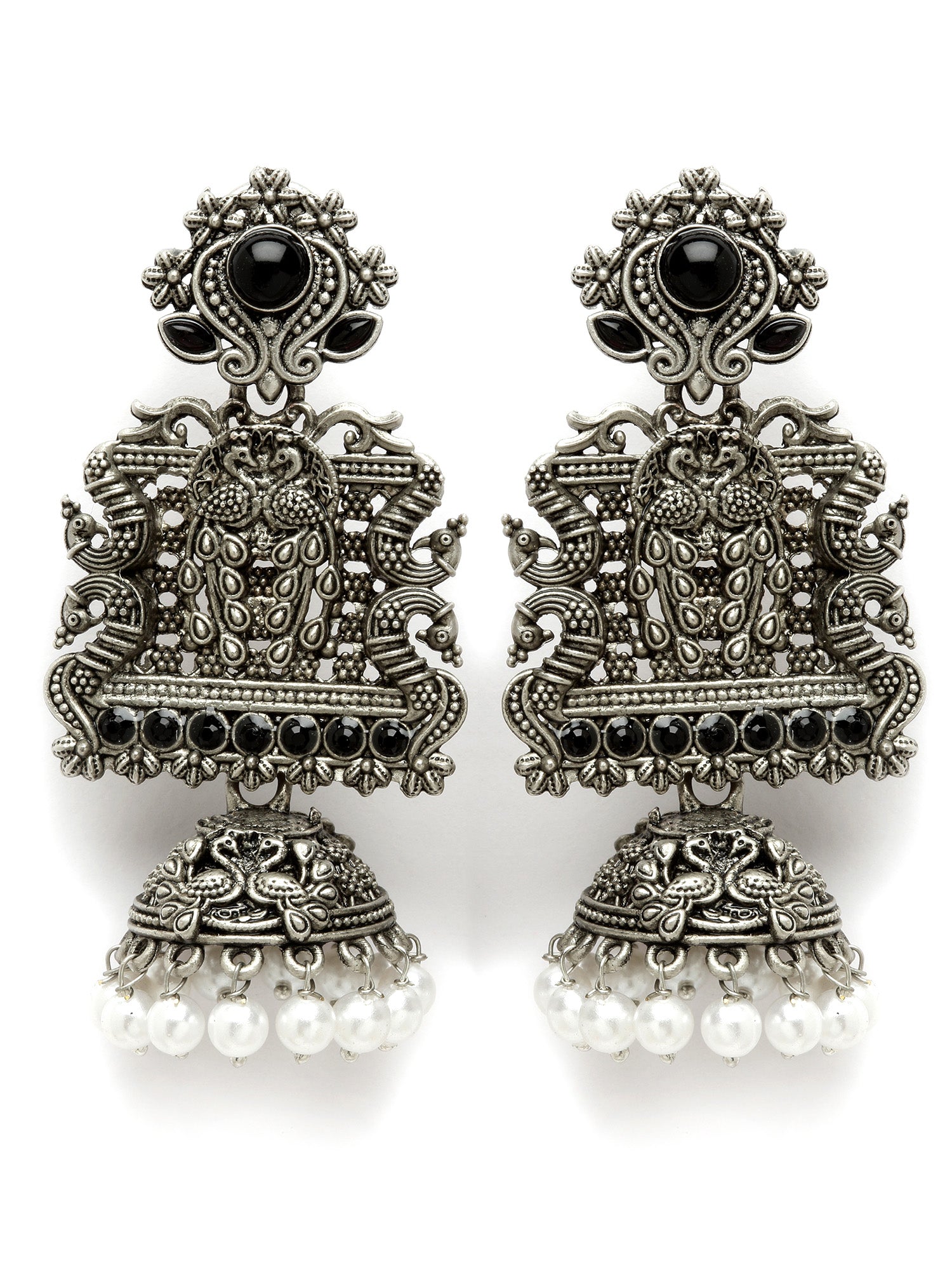 Karatcart Oxidised Silver Peacock Black Stone Studded Dangler Jhumki Earrings for Women - view 4