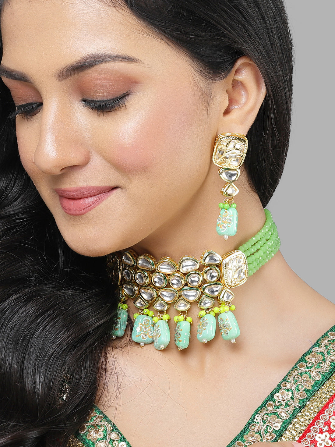 Karatcart Gold Plated Lime Green Tumble and Polki Kundan Choker Necklace Set for Women