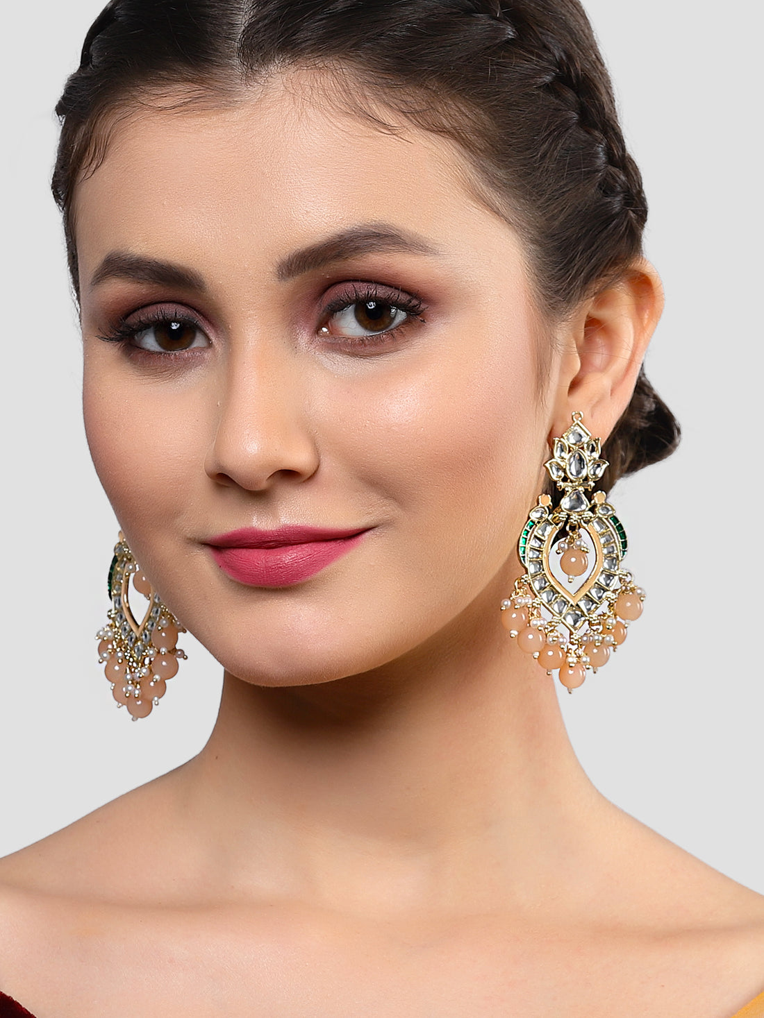 Karatcart Gold Plated Peach Beads Kundan Studded Dangler Earrings for Women