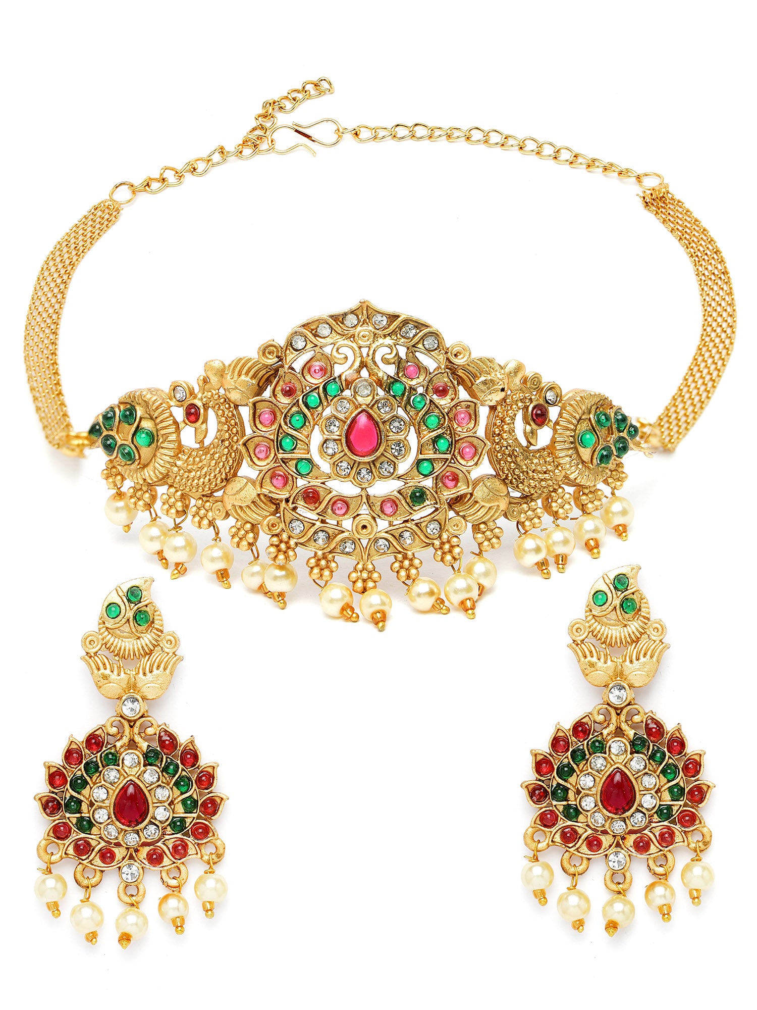 Karatcart Gold Plated Floral Design Choker Temple Jewellery Set for Women - view 4