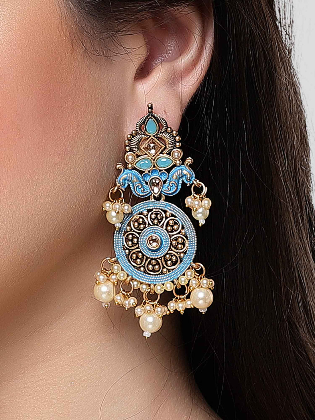 Karatcart Gold Plated Light Blue Meena Kundan Dangler Earrings for Women