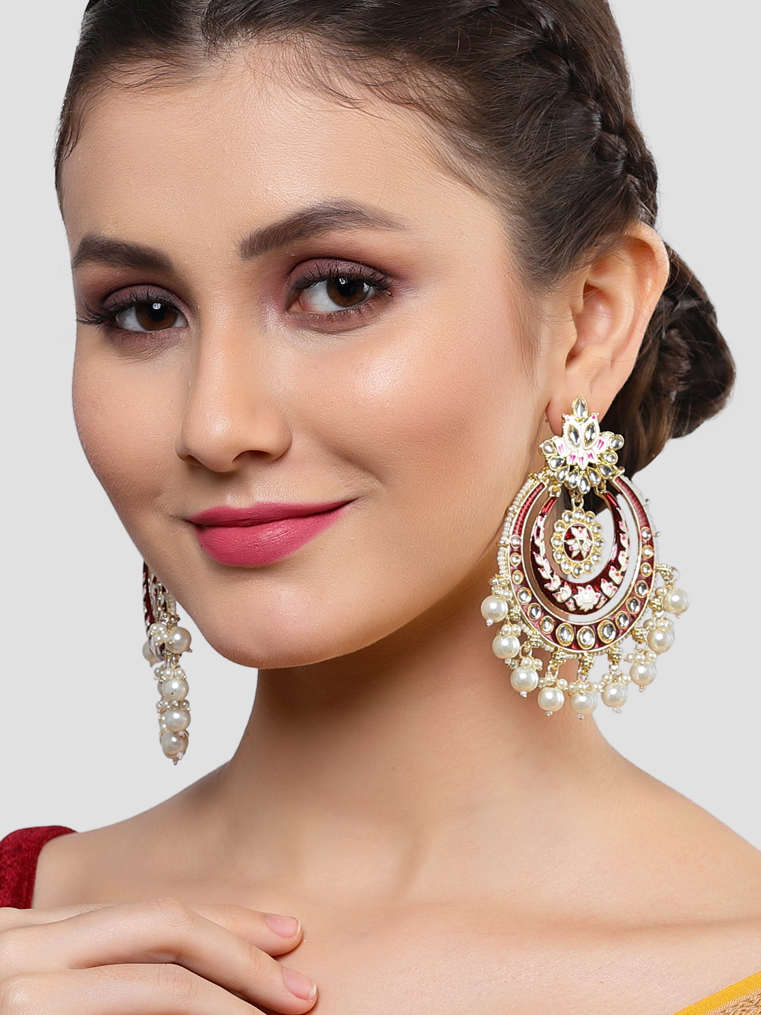 Karatcart Gold Plated Red Meena Pearl and Kundan Studded Chandbali Earrings for Women - Image 1