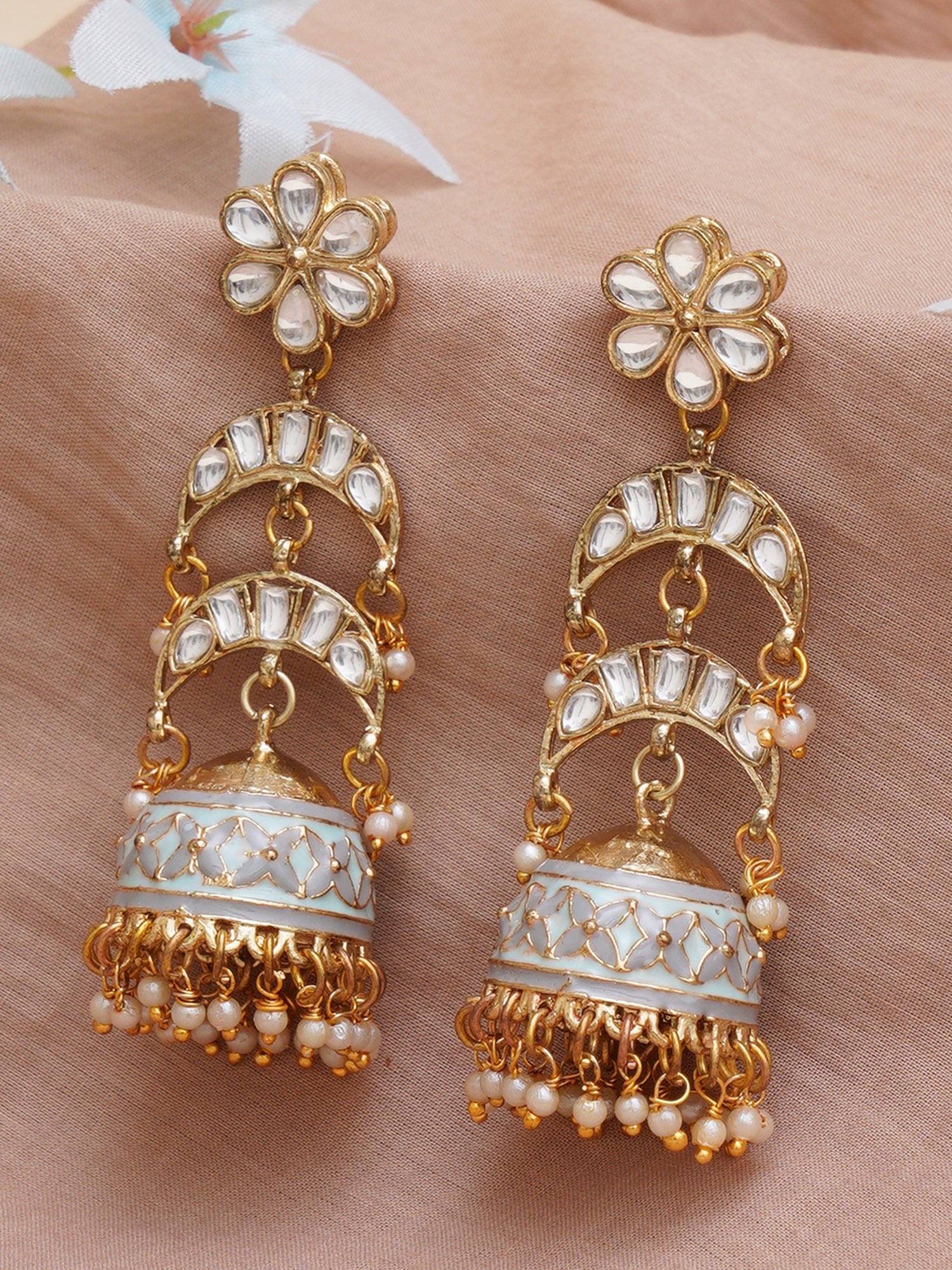 Karatcart Gold Plated Floral Light Blue Meena Kundan Jhumki Earrings for Women - Image 1