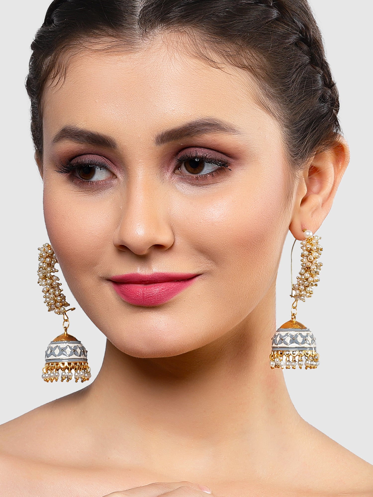 Karatcart Gold Plated Grey Meena Pearl Studded Kundan Jhumki Earrings for Women - view 2