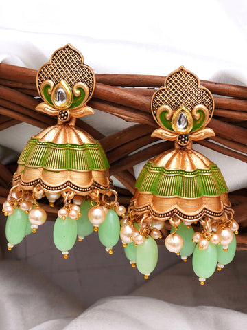 Karatcart Gold Plated Light Green Tumble and Golden Pearl Studded Jhumki Earrings for Women