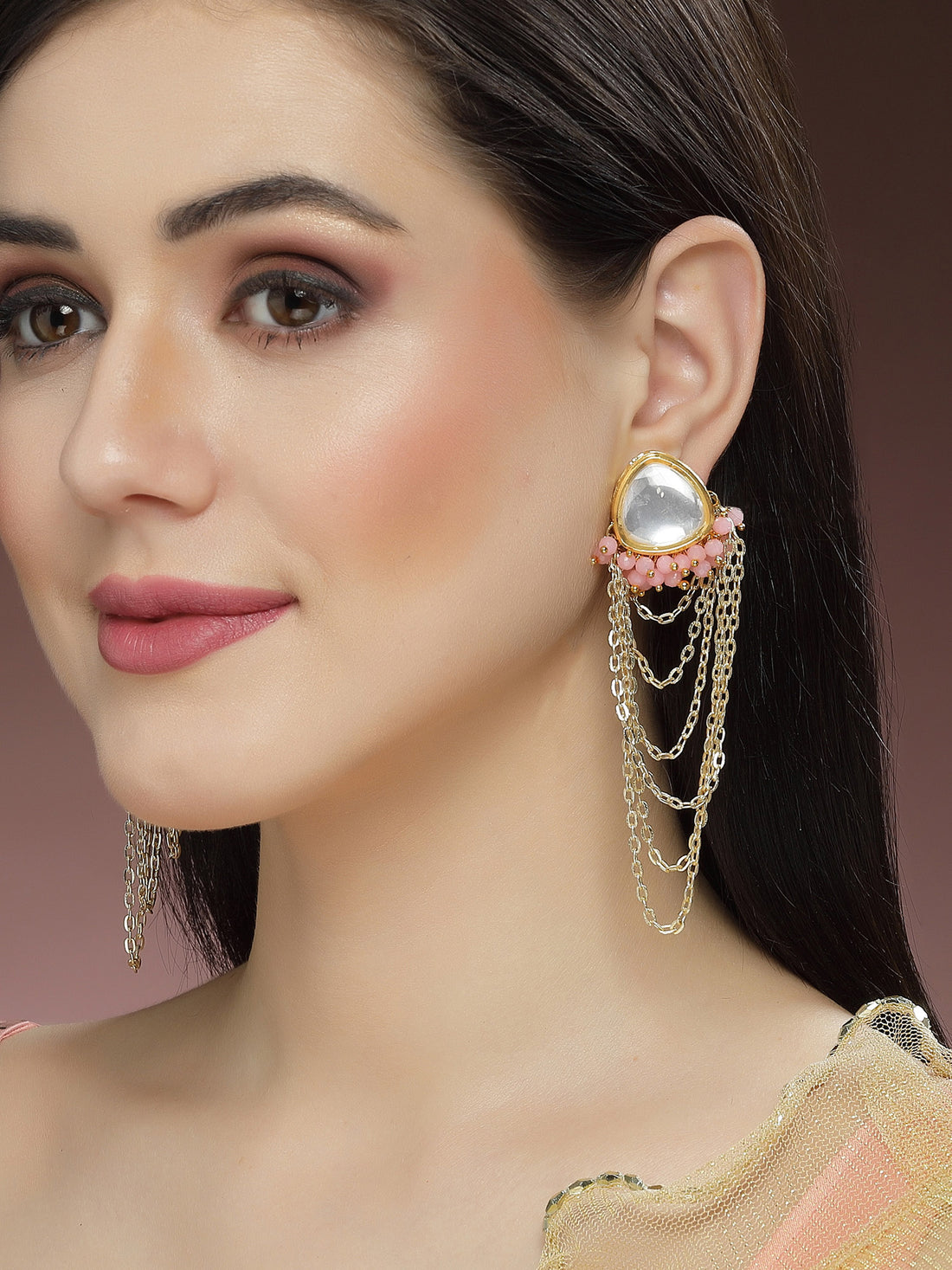 Karatcart Pink Crystal Polki Kundan Chain Drop Earrings for Women