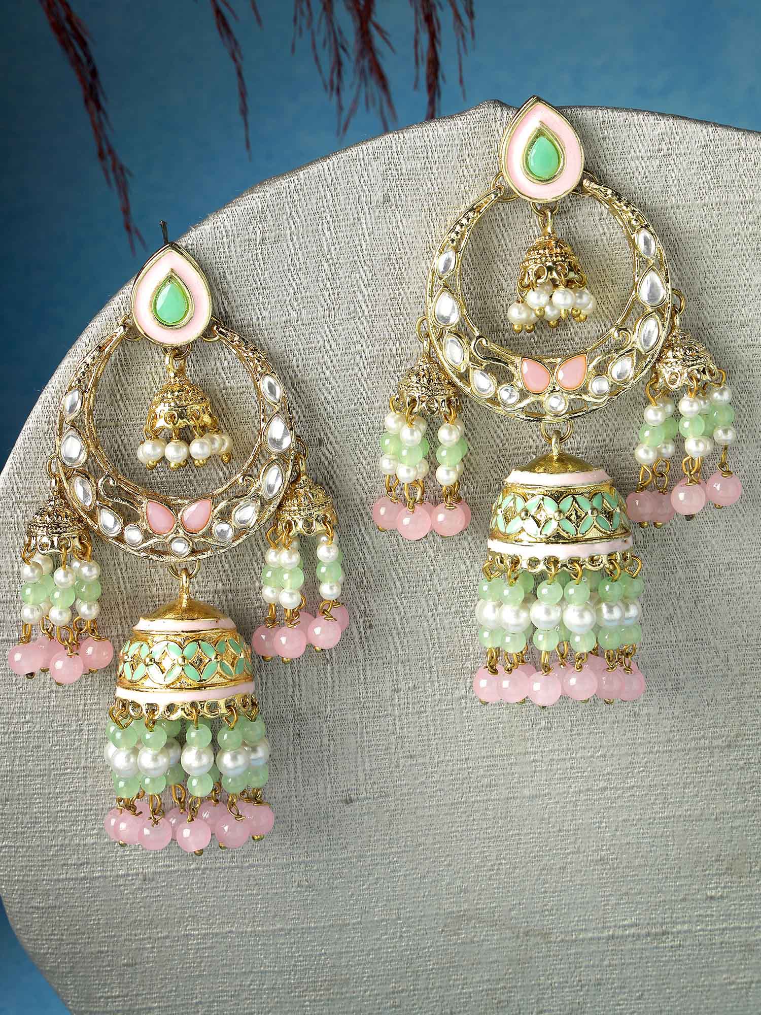 Karatcart Gold Plated Pink and Lime Green Beads Kundan Dangler Jhumki Earrings for Women - view 3