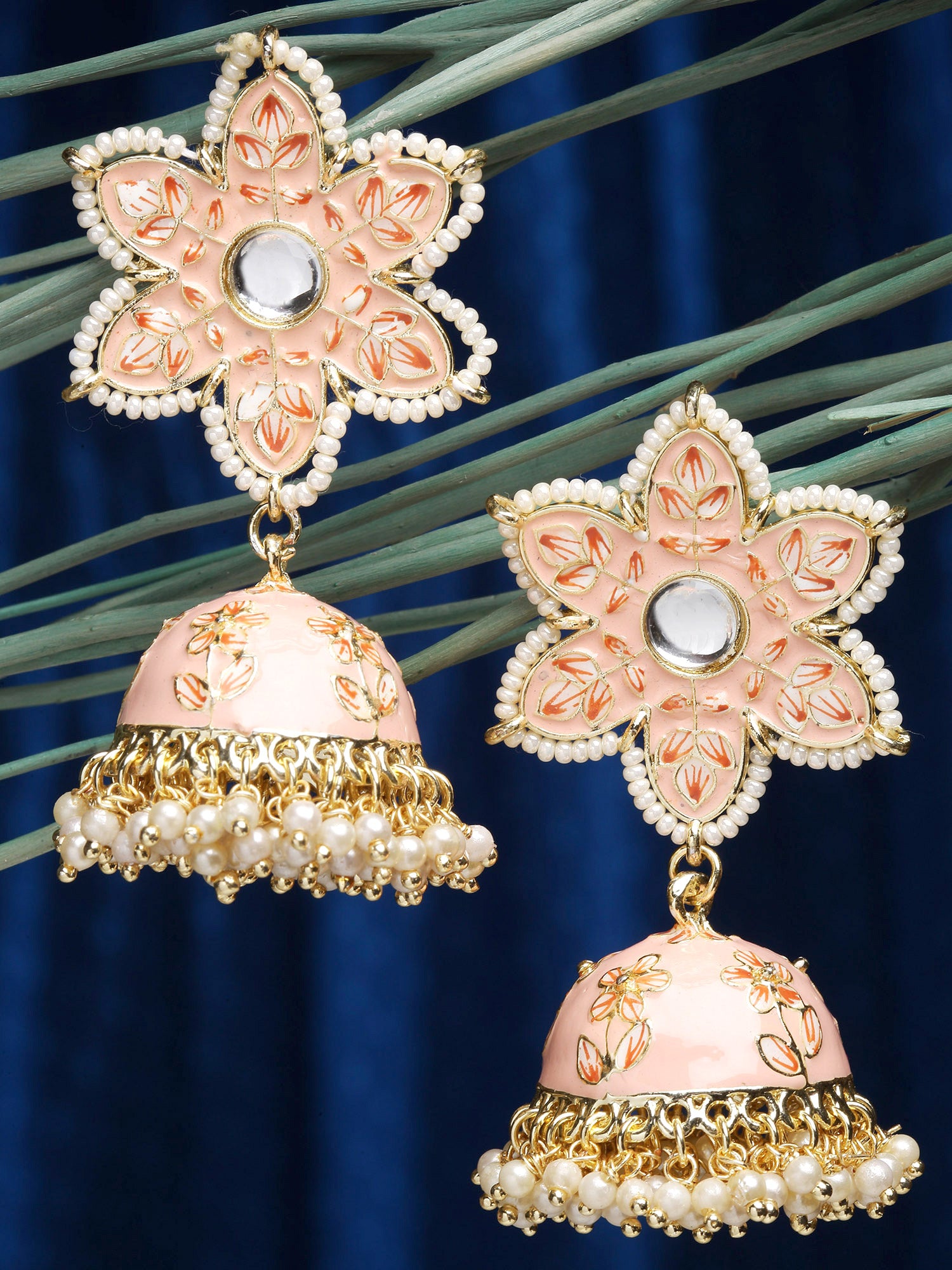 Karatcart Gold Plated Peach Meena Floral Shape Kundan Jhumki Earrings for Women - view 3