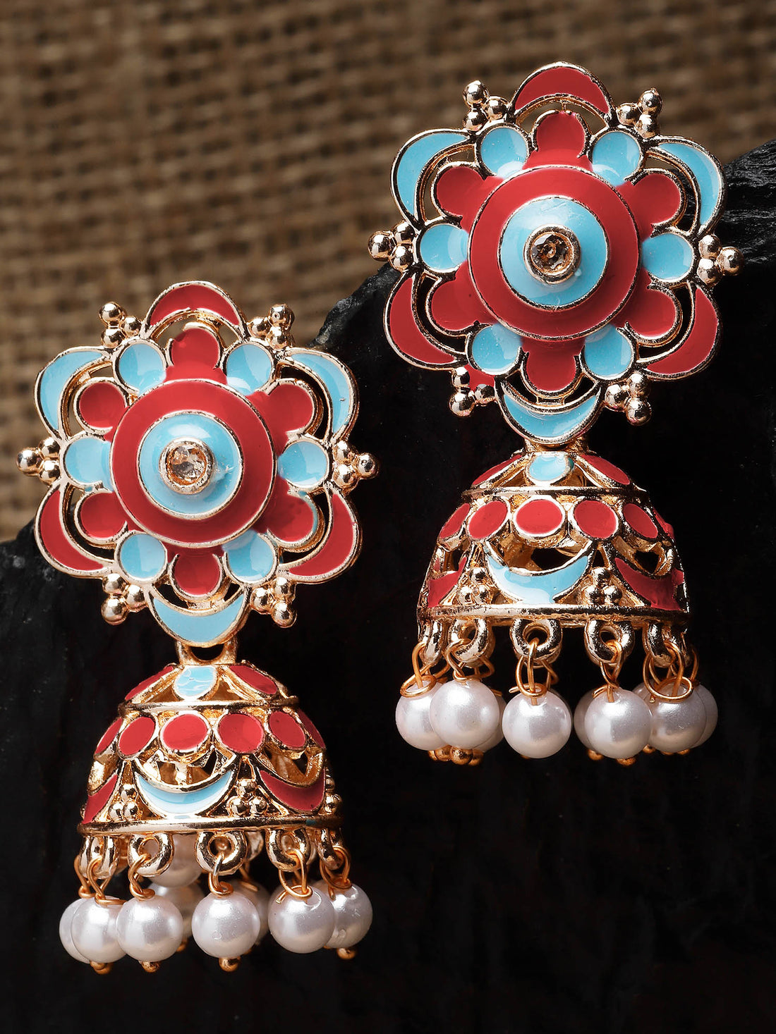 Karatcart Rose Gold Plated Floral Design Red and Blue Meena Jhumki Earrings for Women