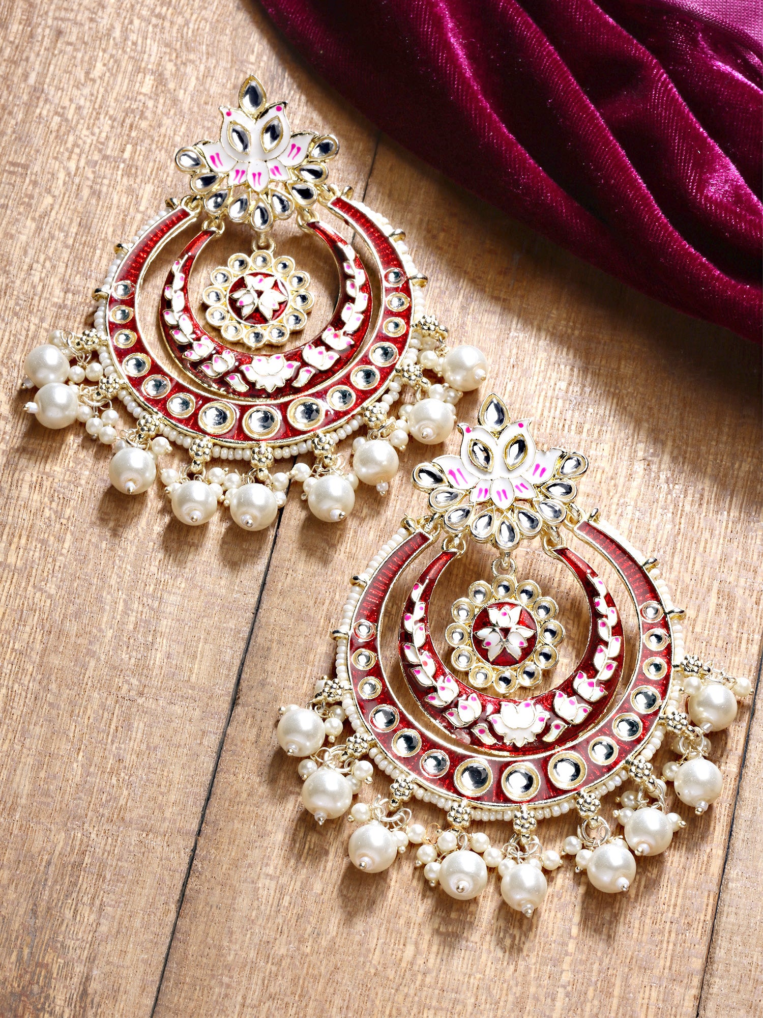 Karatcart Gold Plated Red Meena Pearl and Kundan Studded Chandbali Earrings for Women - view 3