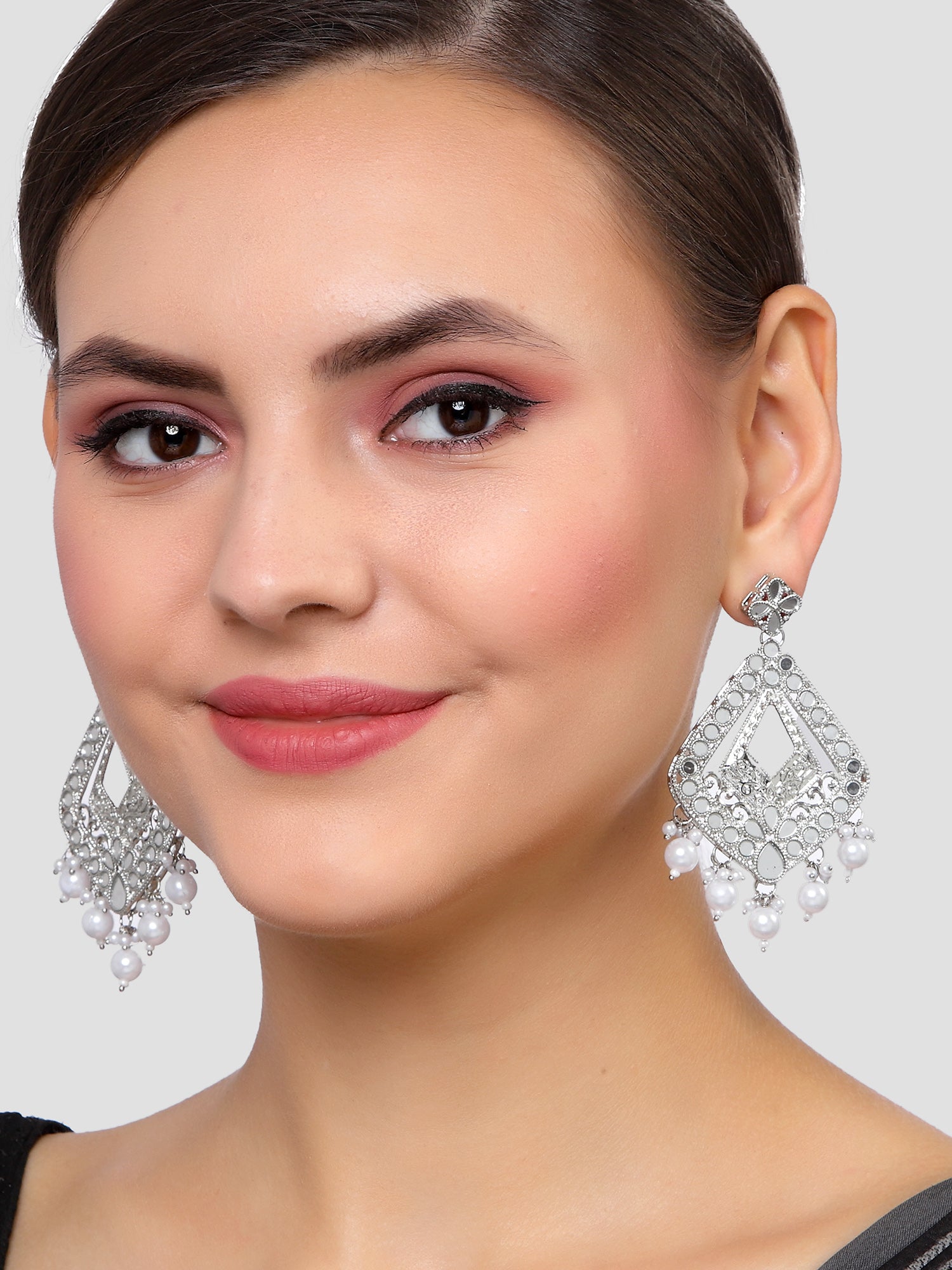 Karatcart Silver Plated Mirror Studded Diamond Shape Dangler Earrings for Women - Image 1