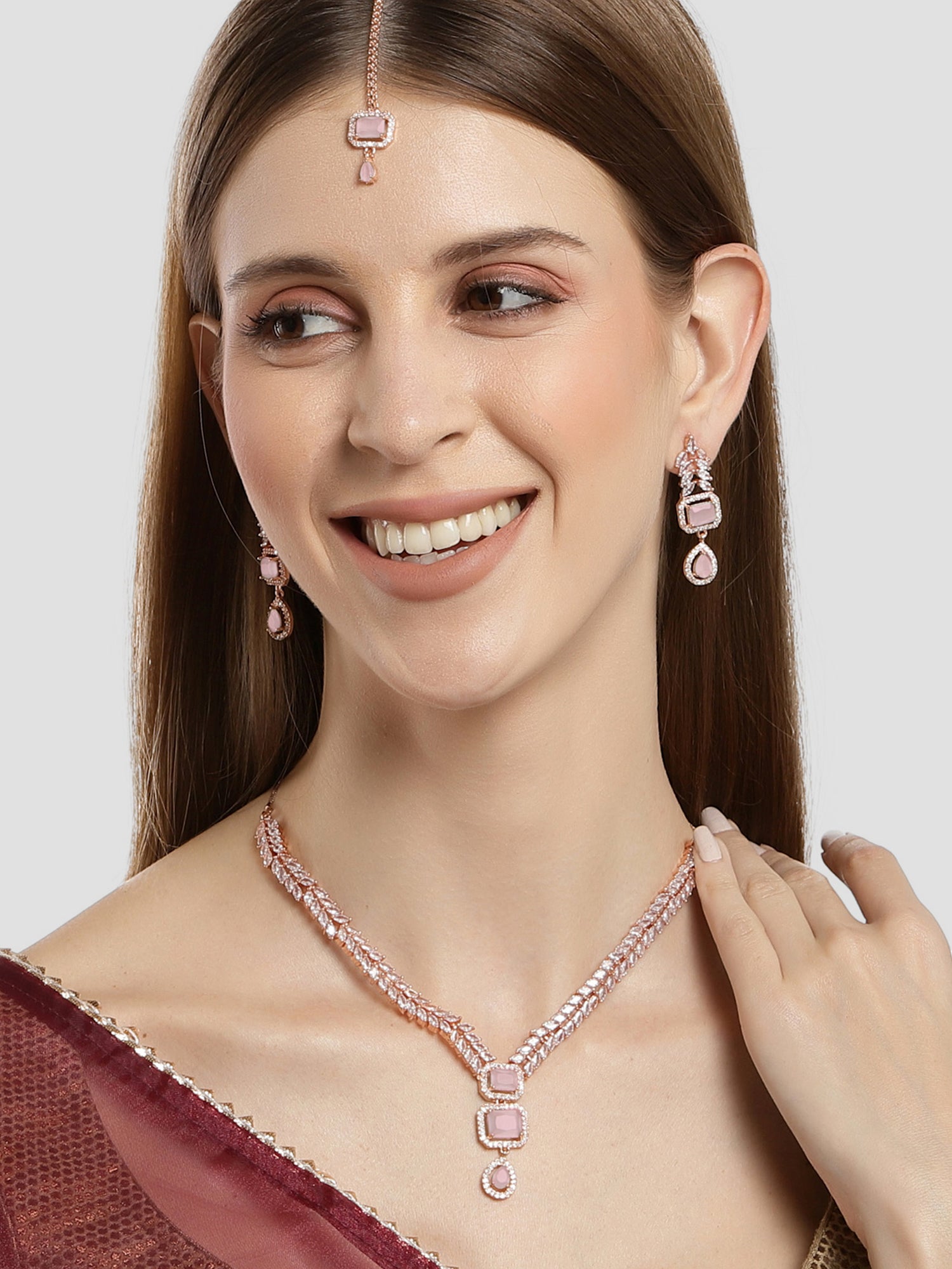 Karatcart Pink Cubic Zirconia Studded Rose-Gold Plated Necklace Set for Women - Image 1