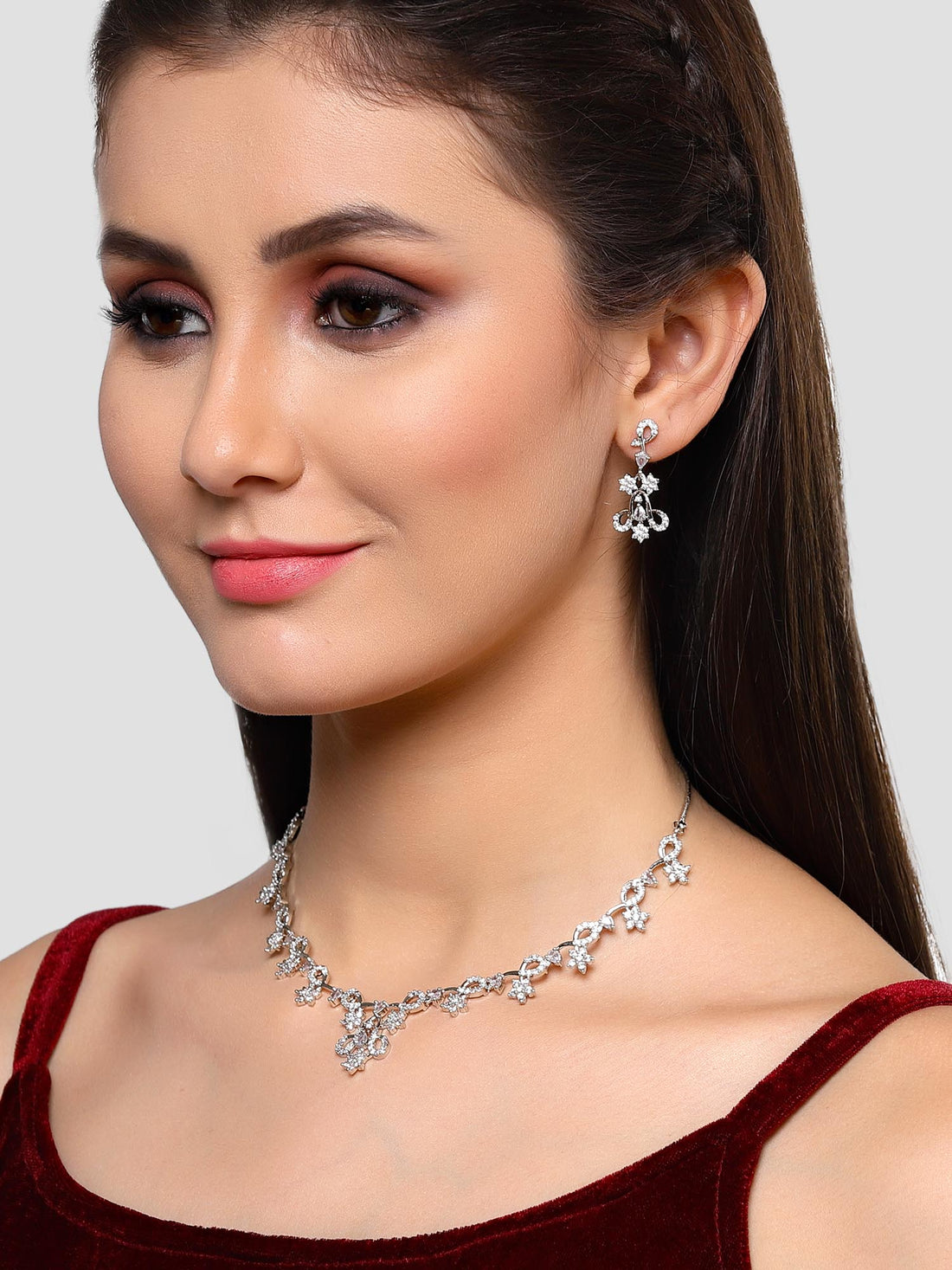 Karatcart Silver Plated Floral CZ Stone Studded Jewellery Set