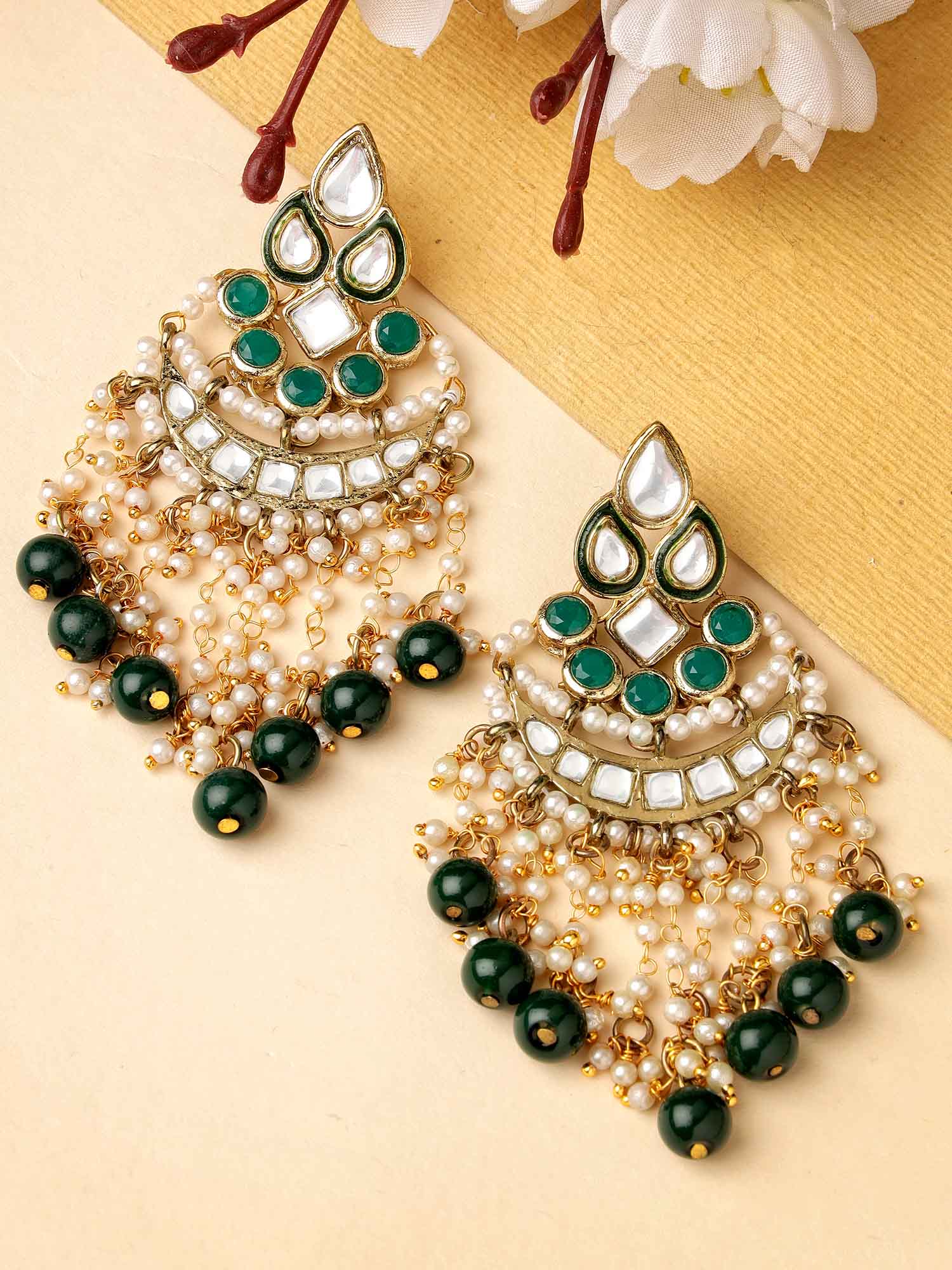 Karatcart Gold Plated Kundan Green Beads Dangler Earrings for Women - view 3
