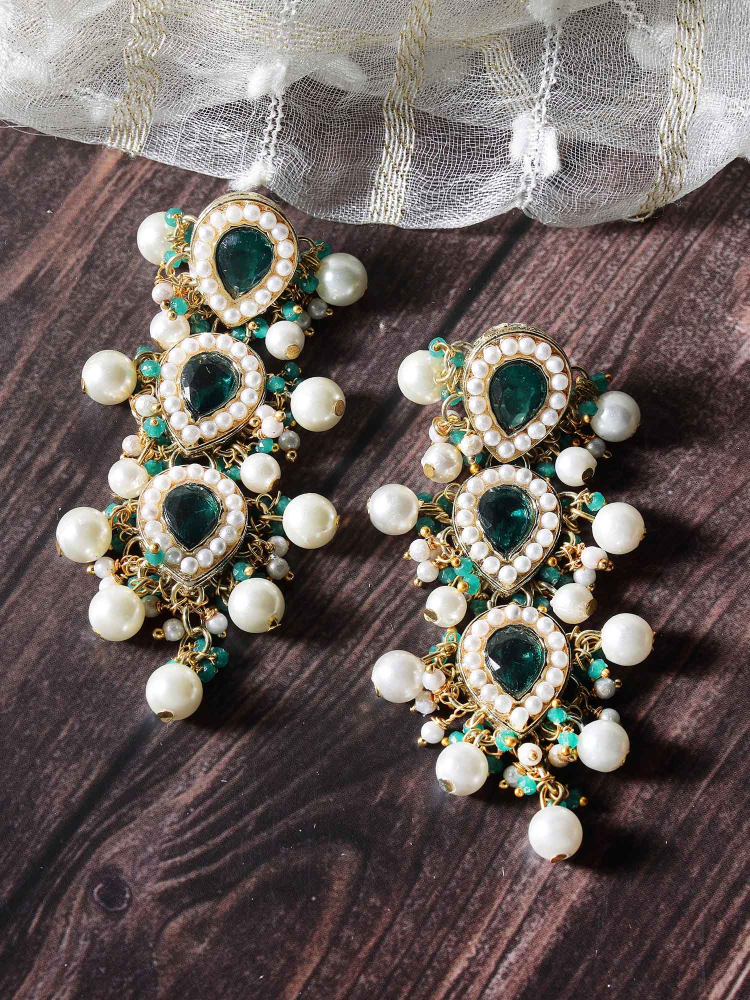 Karatcart Gold Plated Green Dop Crystals and Pearl Studded Kundan Drop Earrings for Women - view 3