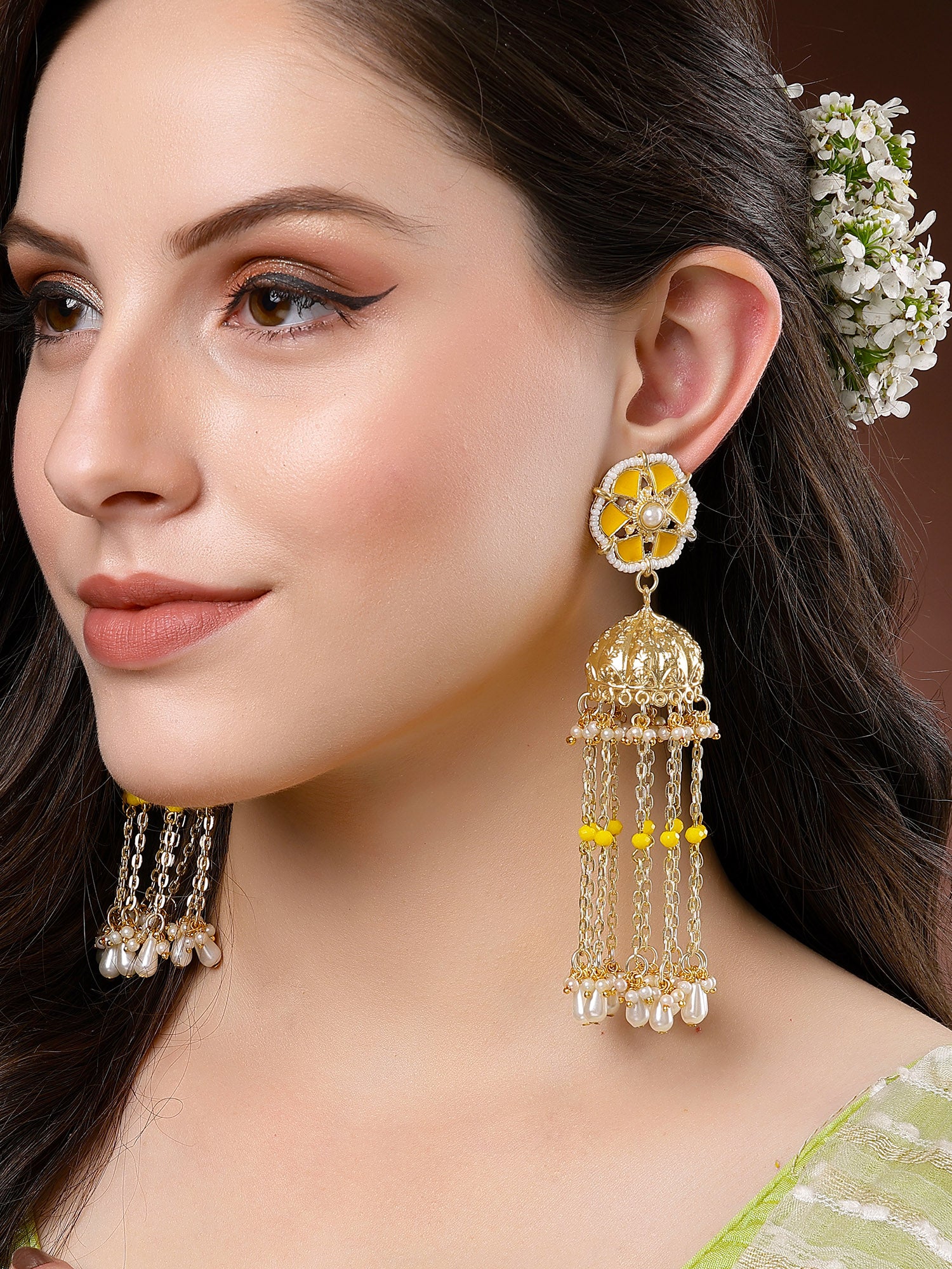 Karatcart Yellow Meena Gold Plated Kundan Pearl Tassel Chain Jhumki Earrings for Women - view 2