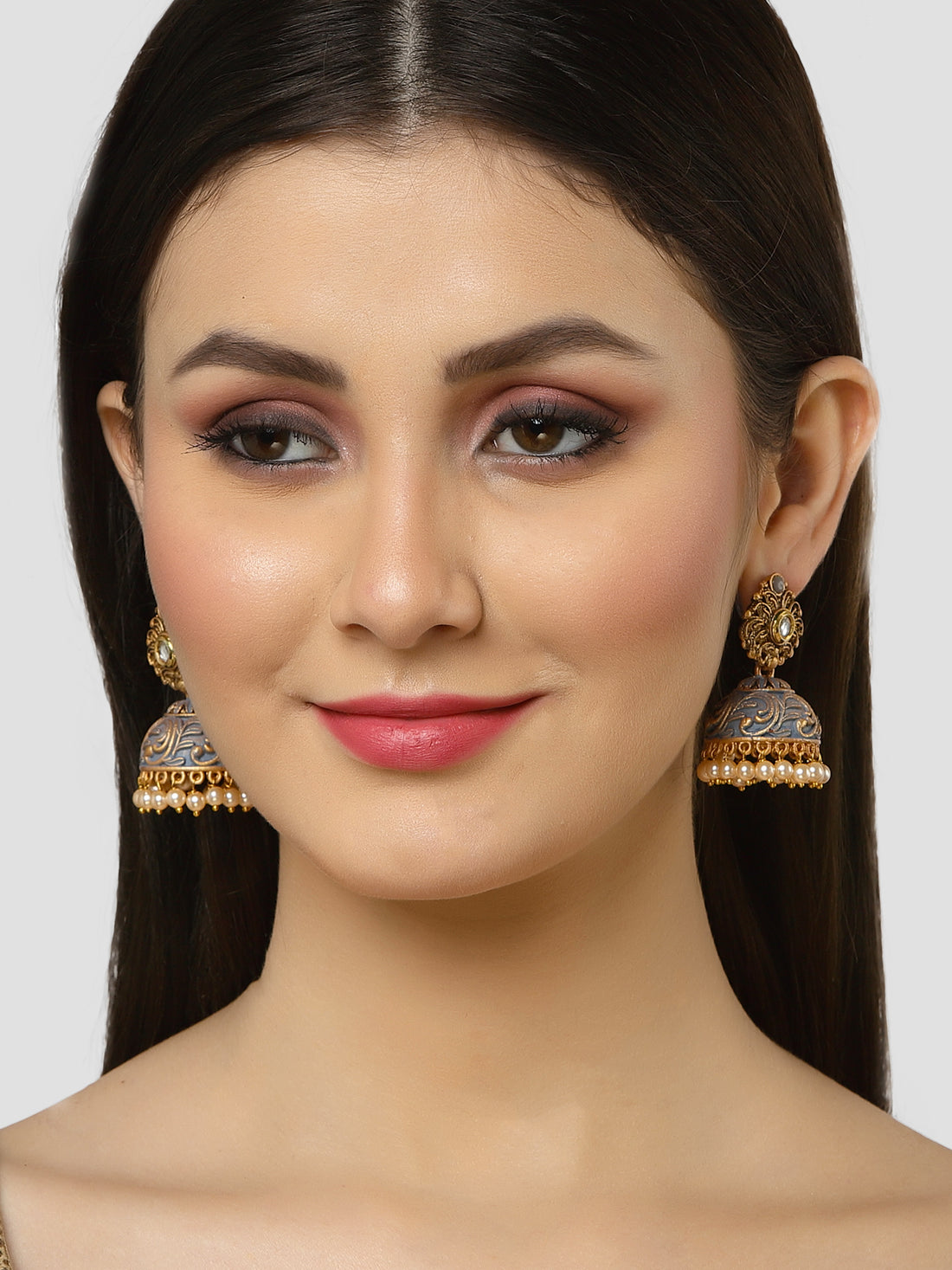 Karatcart Gold Plated Grey Meena Golden Pearl Jhumki Earrings for Women