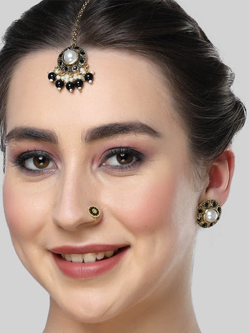 Karatcart Gold Plated Black Stone and Beads Studded Earrings with Maangtikka and Nath Combo