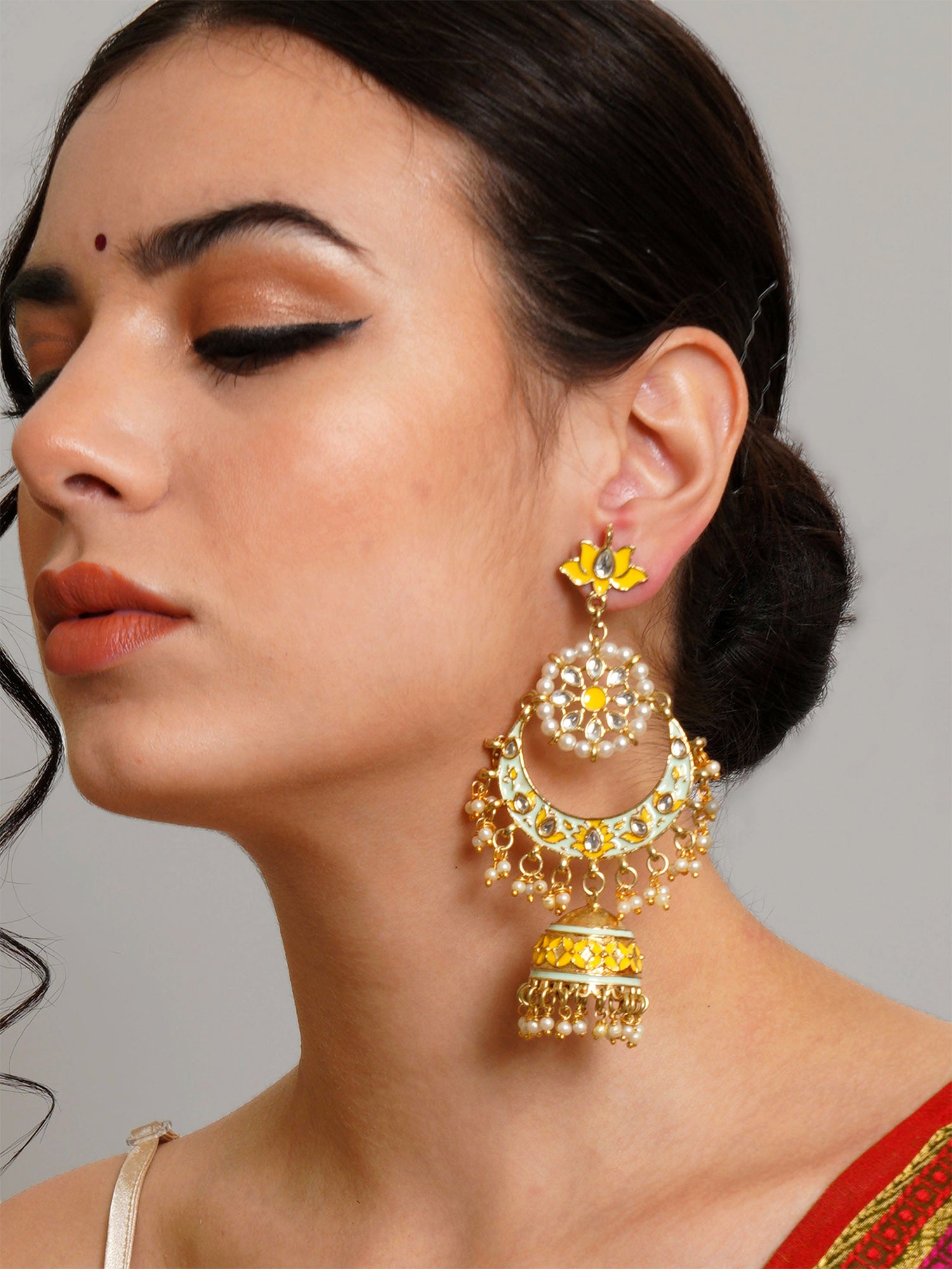 Karatcart Gold Plated Floral Yellow Meena Kundan Jhumki Earrings for Women - Image 1