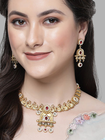 Karatcart Gold Plated Red Stone Peacock Design Temple Jewellery Set for Women