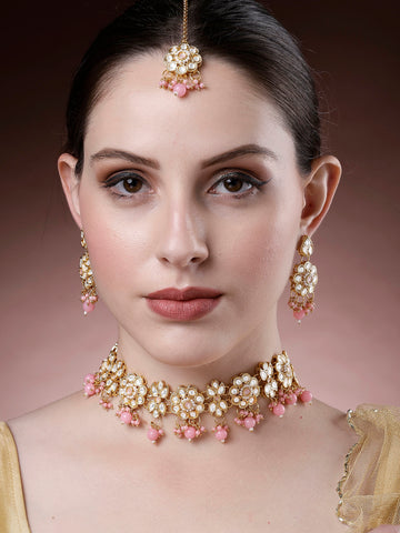 Karatcart Pink Beads Floral Design Kundan Choker Necklace Set for Women