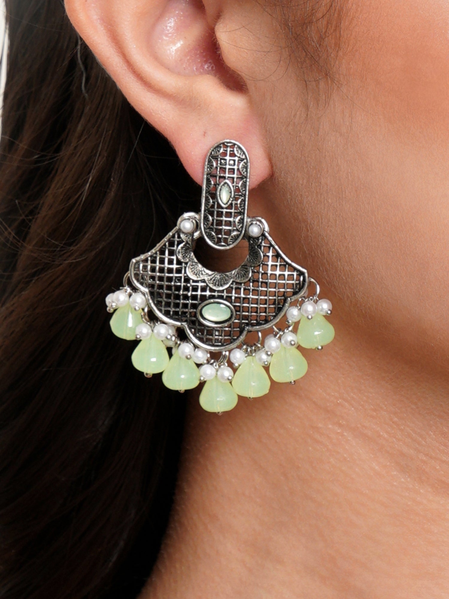 Karatcart Oxidised Silver Light Green Monalisa Stone and Pearl Studded Dangler Earrings for Women - Image 1