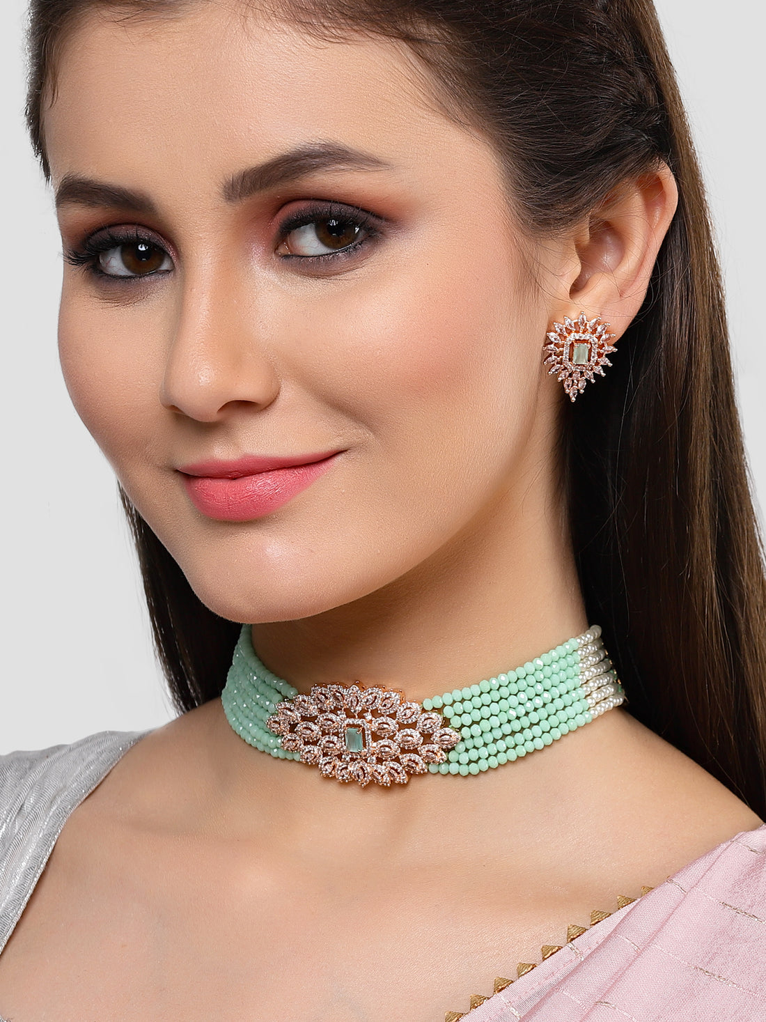 Karatcart Rose Gold Plated Light Green Crystal Cubic Zirconia Choker Necklace Set for Women