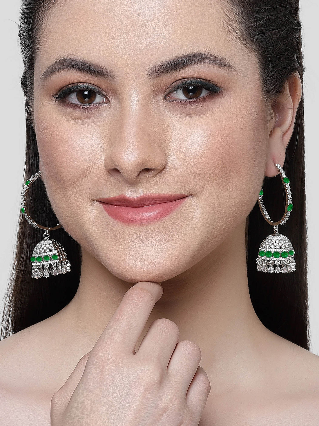 Karatcart Silver Plated Green Cubic Zirconia Studded Hoop Jhumki Earrings for Women