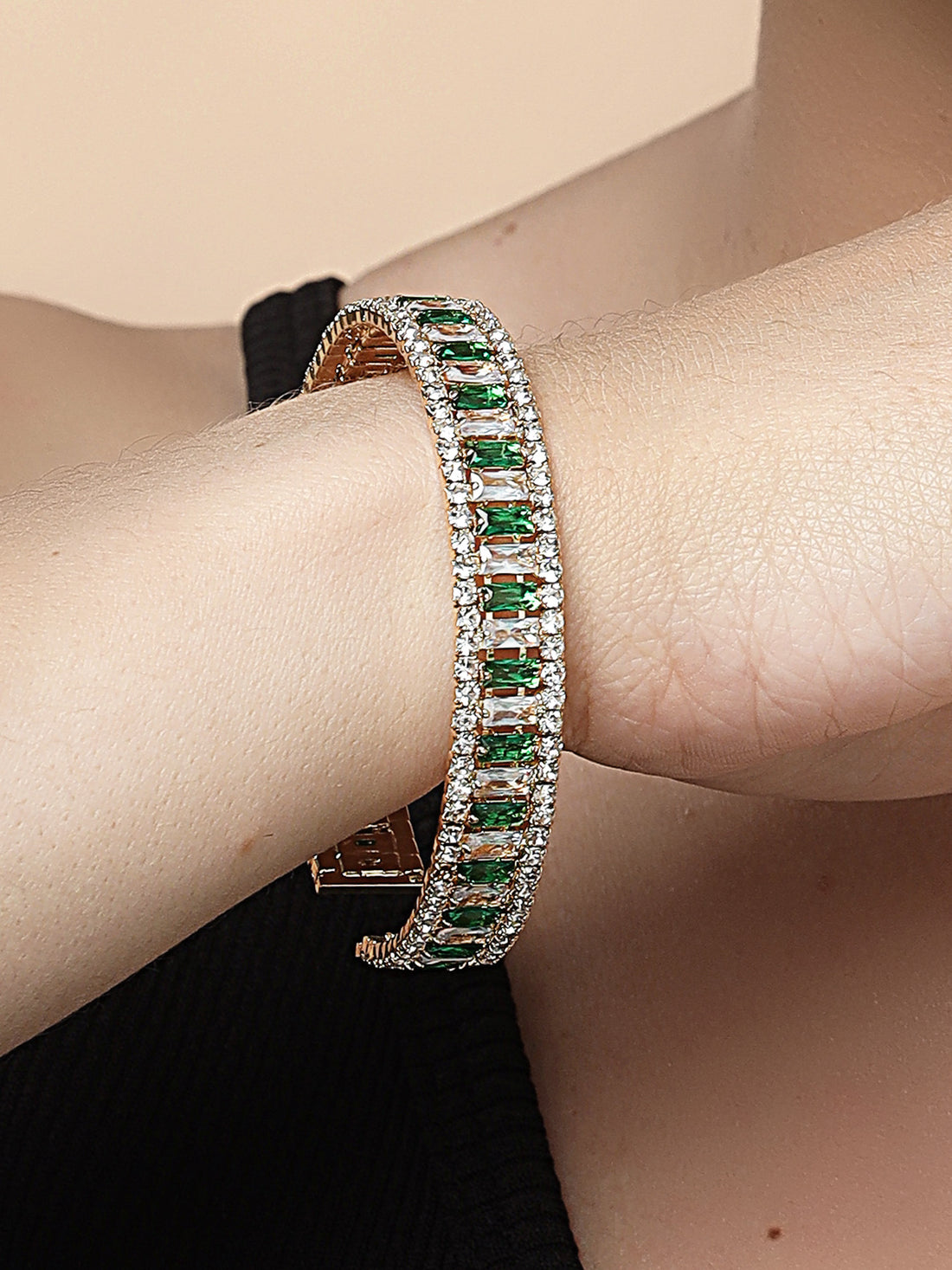 Bohey by KARATCART Gold-Plated Green and White Cubic Zirconia Studded Cuff Bracelet for Women