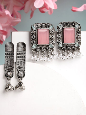 Karatcart Set of 2 Oxidised Silver Pink Stone Studded Stud Earrings for Women