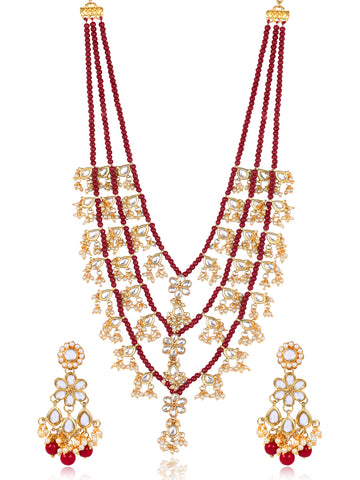 KARATCART Gold Plated Red Beads Kundan Long Jewellery Set for Women