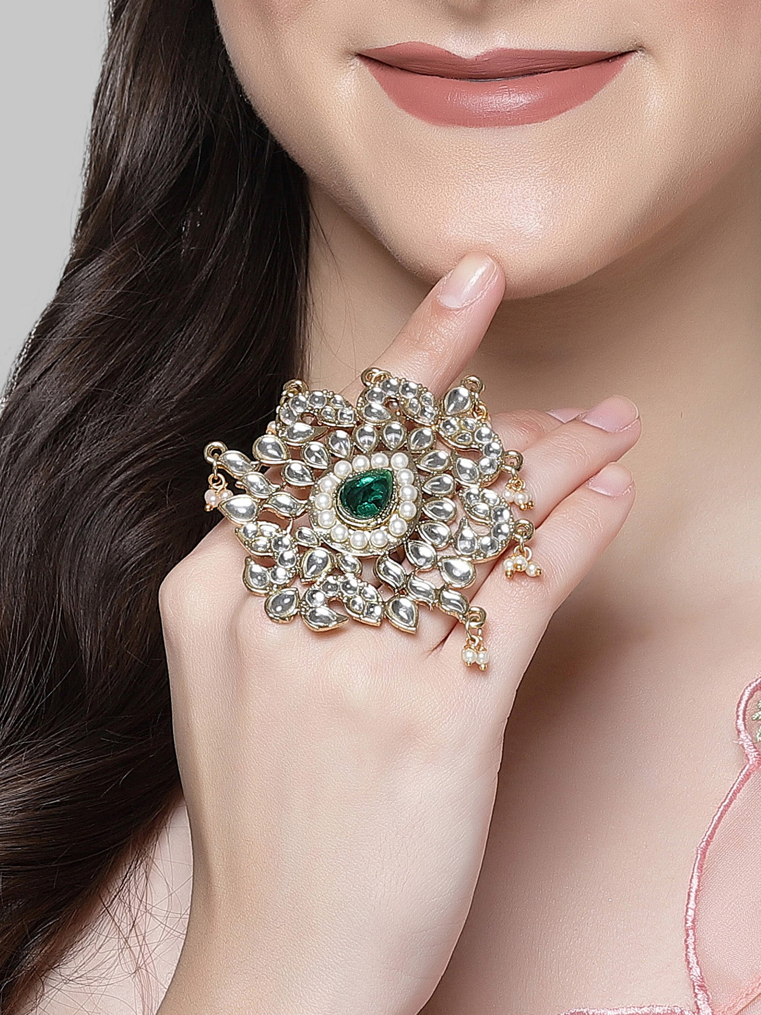 Karatcart Gold Plated Emerald Green Stone Studded Kundan Cocktail Ring for Women