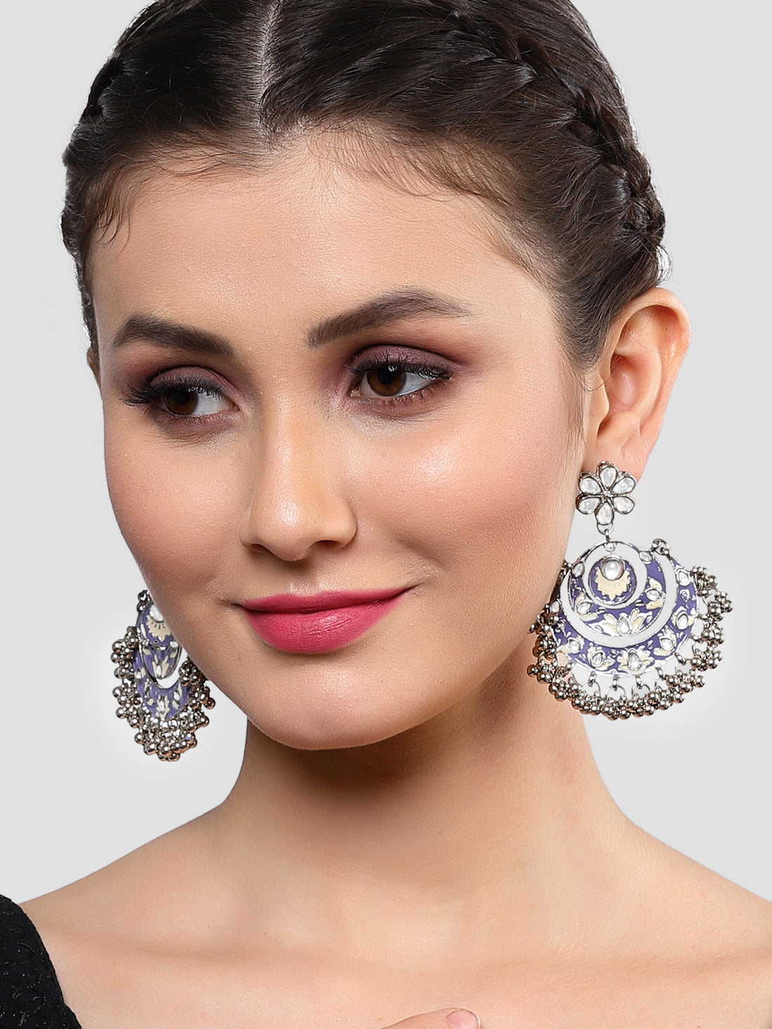 Karatcart Oxidised Silver Violet Meena Silver Ball Studded Kundan Chandbali Earrings for Women