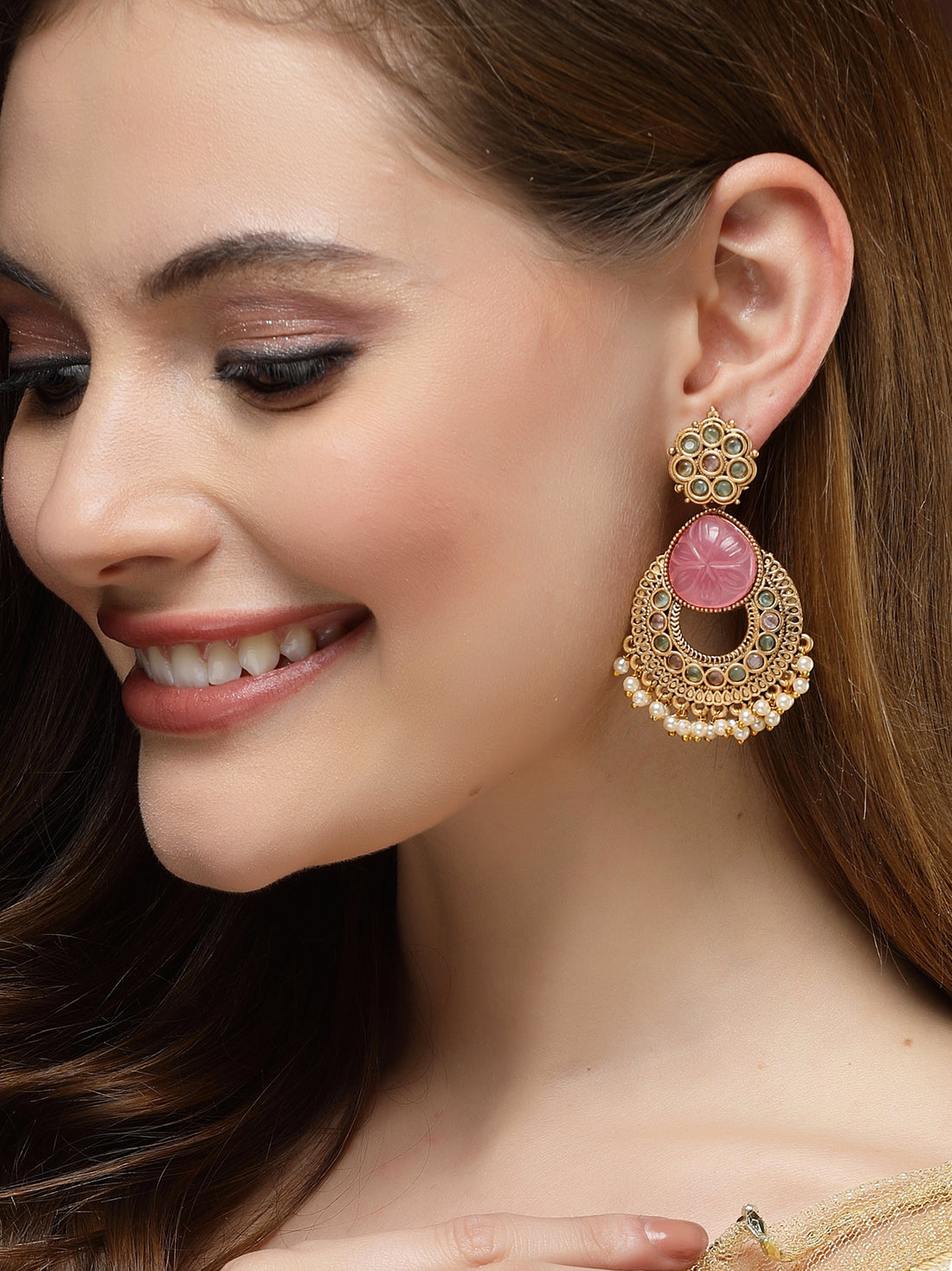 Karatcart Gold Plated Pink Carved Stone Drop Earrings for Women