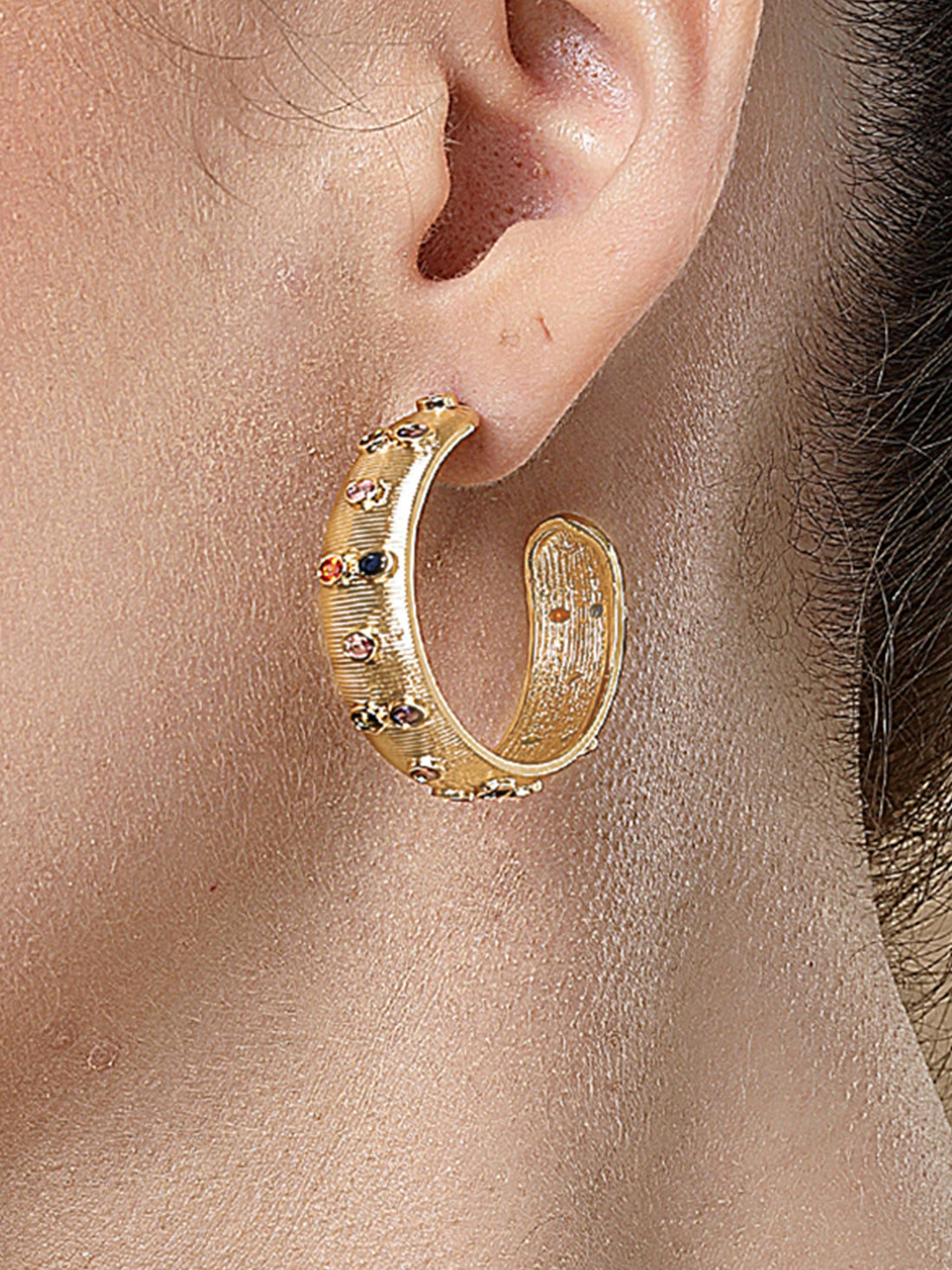 Bohey by KARATCART Gold Plated Multicolor Stone Studded Half Hoop Earrings