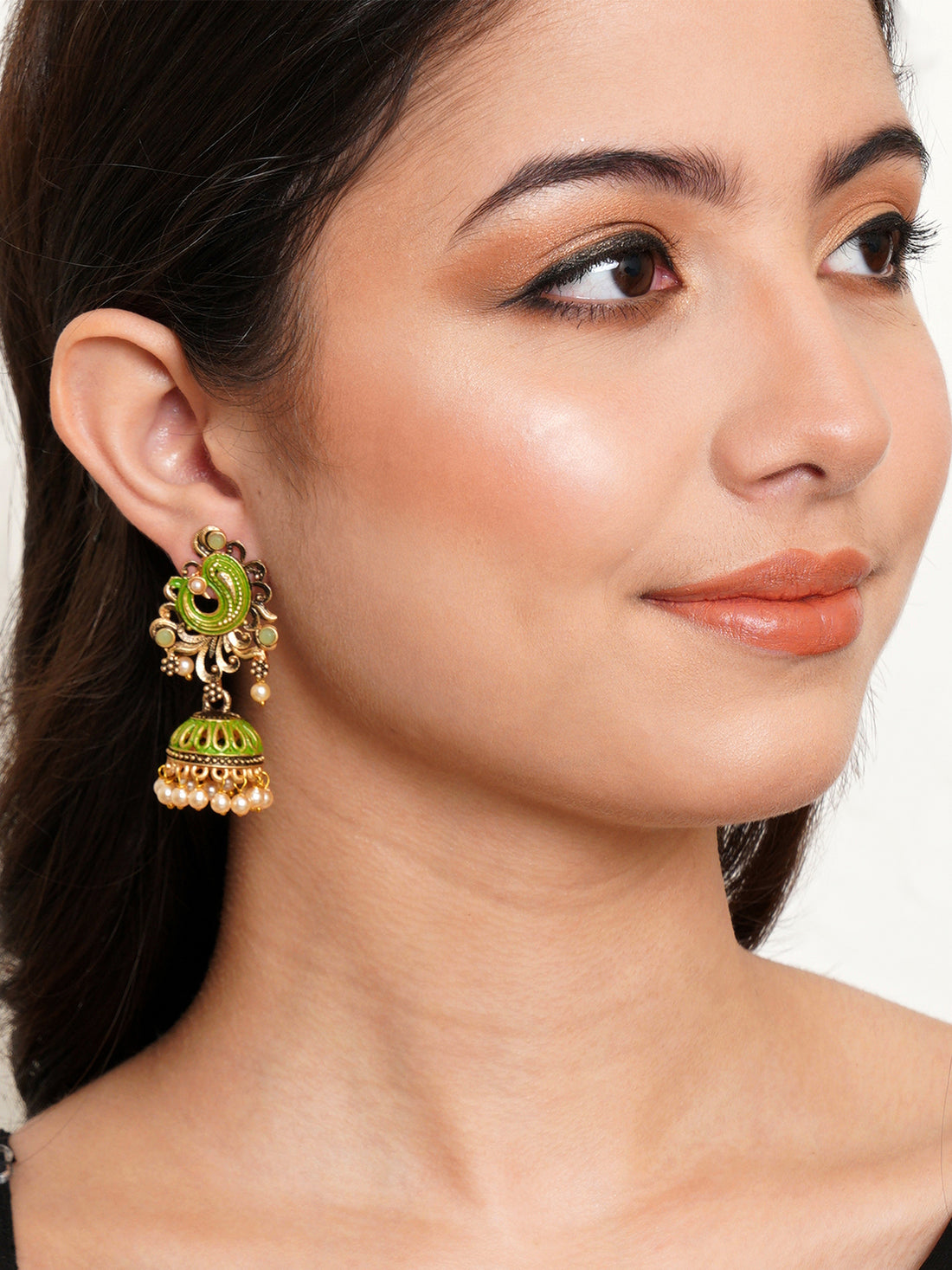 Karatcart Antique Gold Plated Light Green Stone with Meena Jhumki Earrings for Women