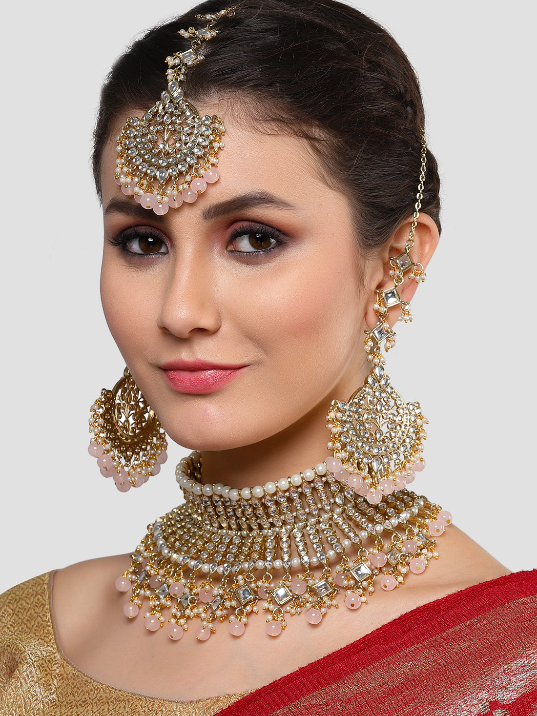 Karatcart Gold Plated Pink Beads Kundan Bridal Choker Necklace Set for Women