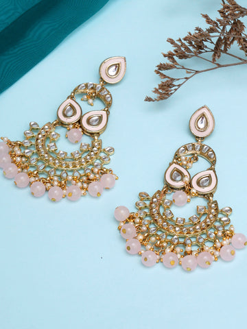 Karatcart Gold Plated Pink Beads Kundan Dangler Earrings for Women