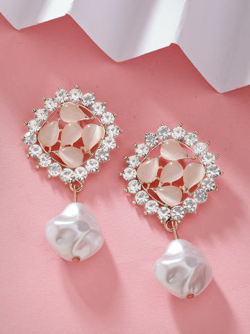 Bohey by KARATCART Gold-Plated Pearl and Peach Cubic Zirconia Studded Drop Earrings for Women