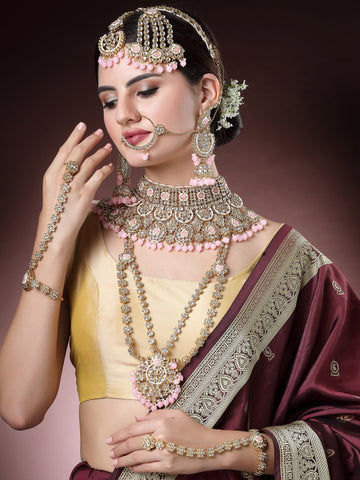 Karatcart Gold Plated Pink Stone & Bead Ethnic Indian Traditional Kundan Dulhan Bridal Jewellery Set