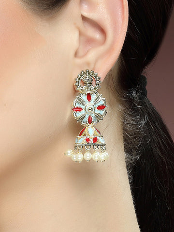 Karatcart Gold Plated Floral Design Red and Light Blue Meena Jhumki Earrings for Women