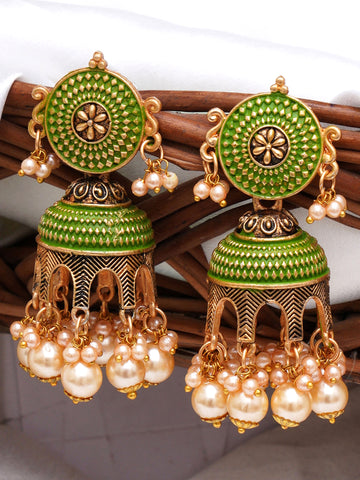 Karatcart Antique Gold Plated Light Green Tomb Style with Golden Pearl Jhumki Earrings for Women