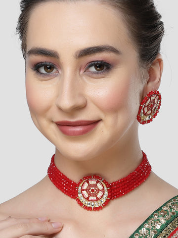 Karatcart Red Meena Lotus Design Crystal Choker Necklace Set for Women