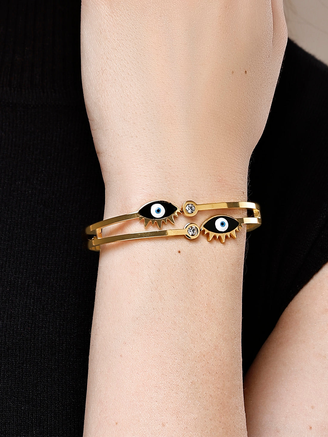 Bohey by KARATCART Gold-Plated Black Evil Eye Enamel Bangle-Style Bracelet for Women