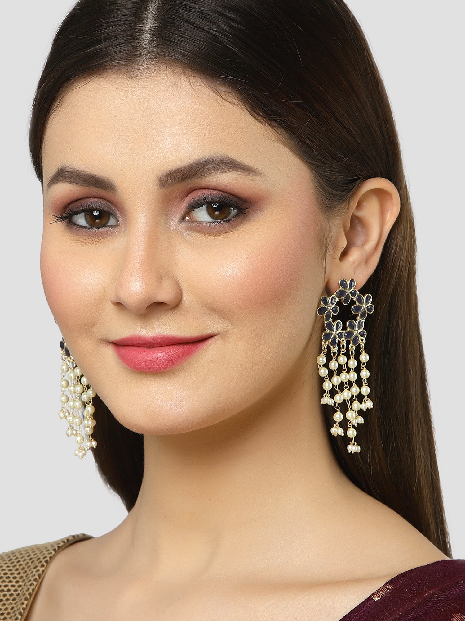 Karatcart Gold Plated Floral Design Blue Kundan Pearl Tassel Earrings for Women
