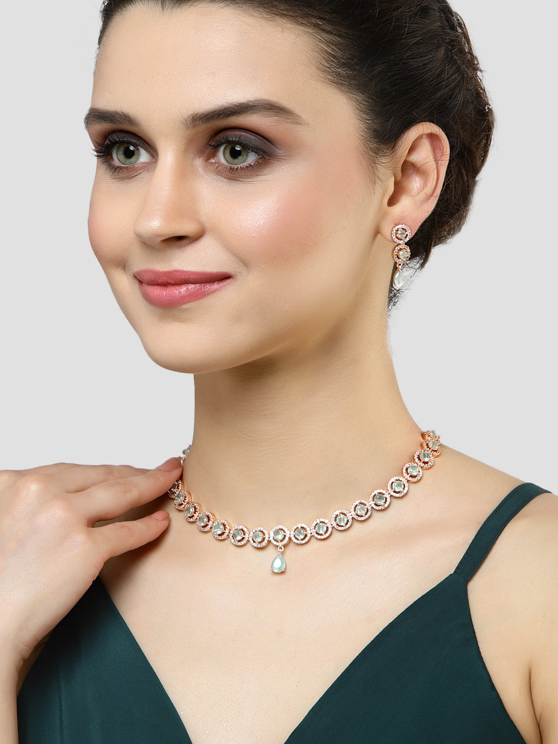 Karatcart Rose Gold Plated Light Green Cubic Zirconia Studded Necklace Set