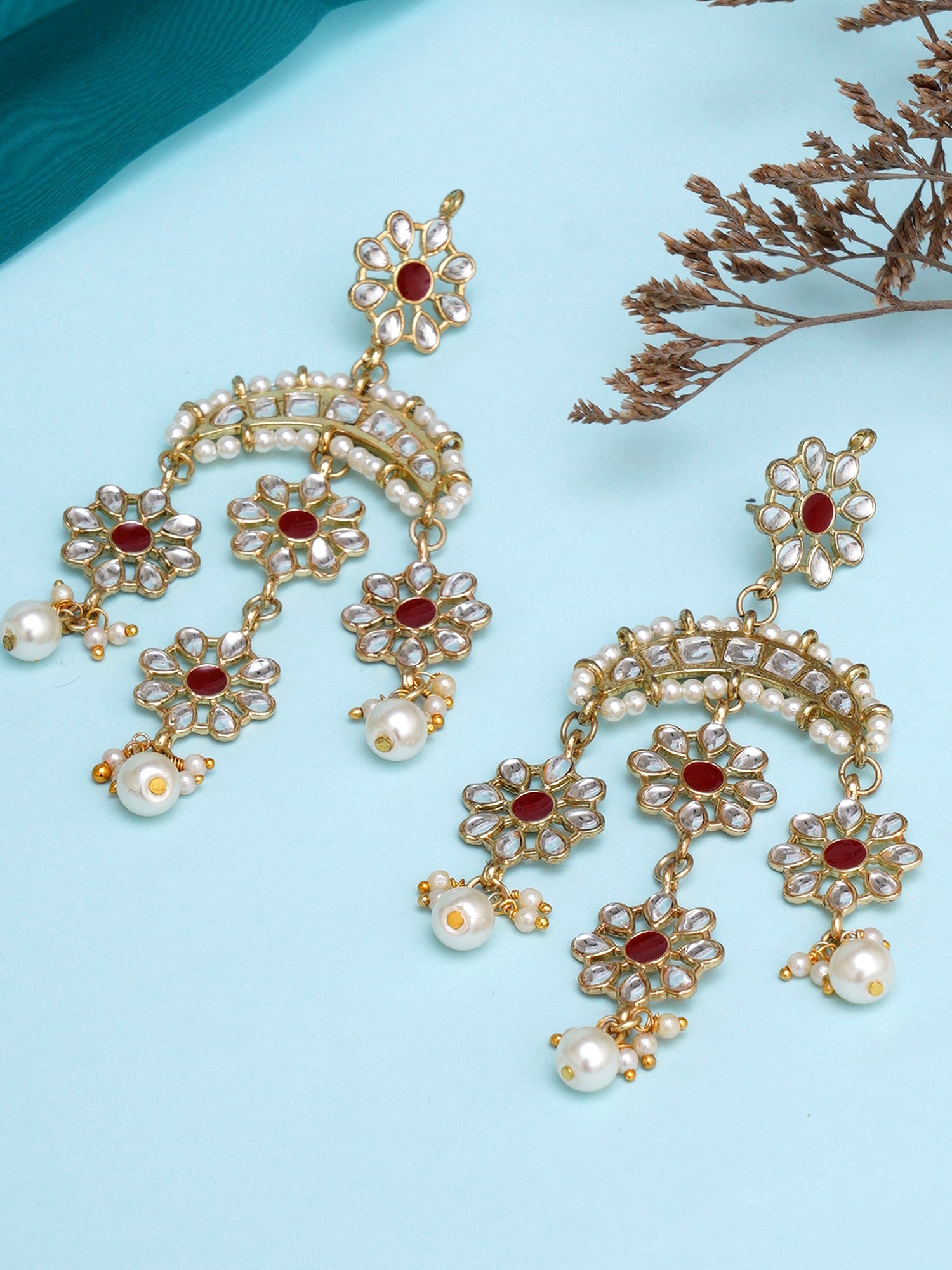 Karatcart Gold Plated Floral Red Meena Kundan Dangler Earrings for Women - Image 1