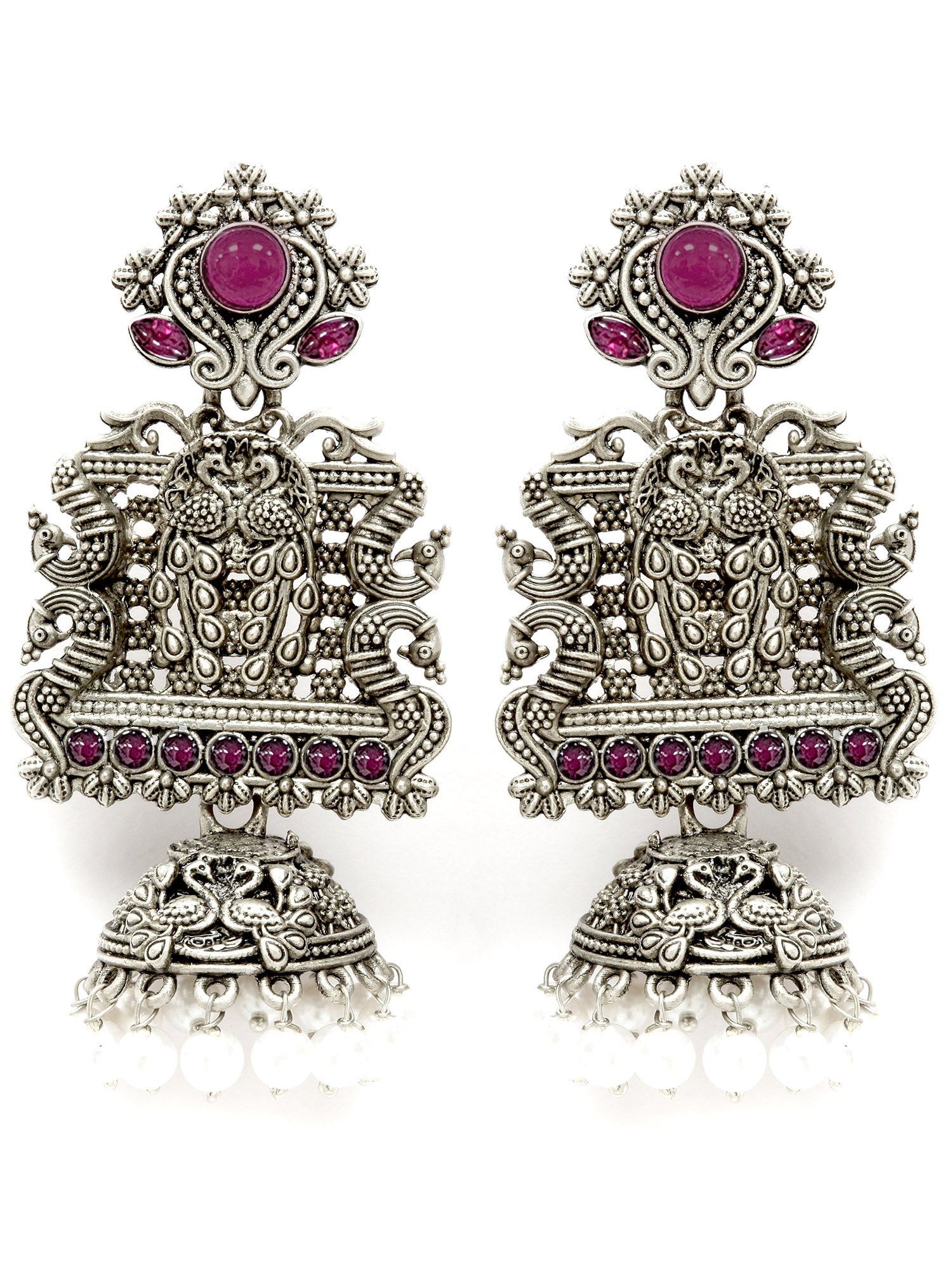 Karatcart Oxidised Silver Peacock Red Stone Studded Dangler Jhumki Earrings for Women - view 4