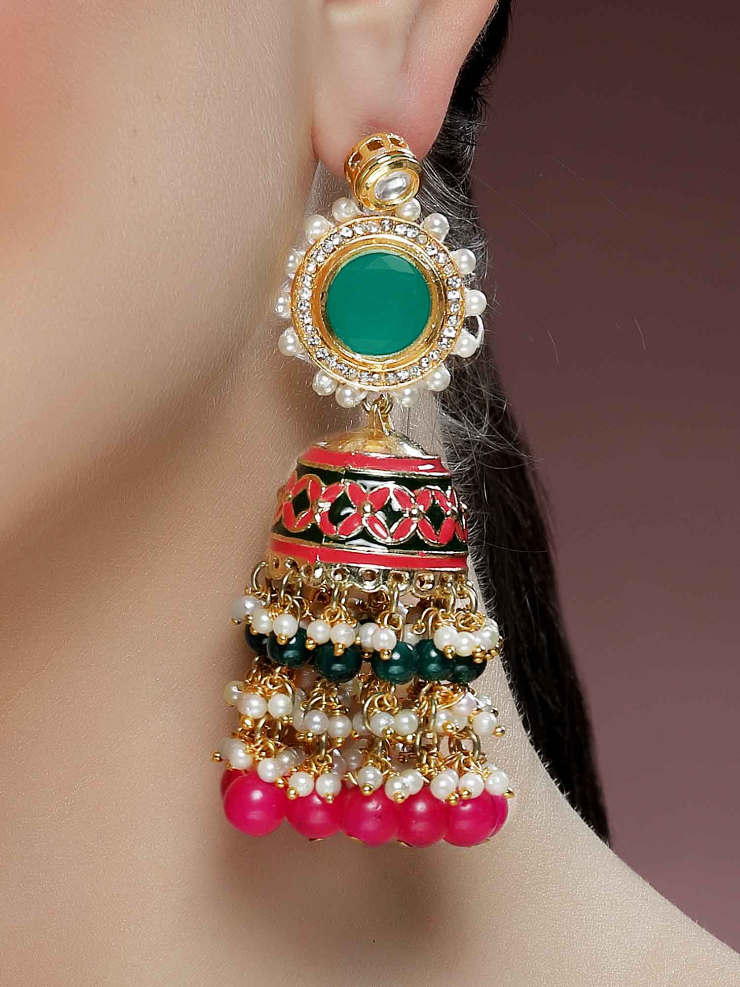 Karatcart Gold Plated Green and Pink Meena Polki Kundan Jhumki Earrings for Women - view 2