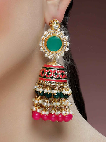 Karatcart Gold Plated Green and Pink Meena Polki Kundan Jhumki Earrings for Women